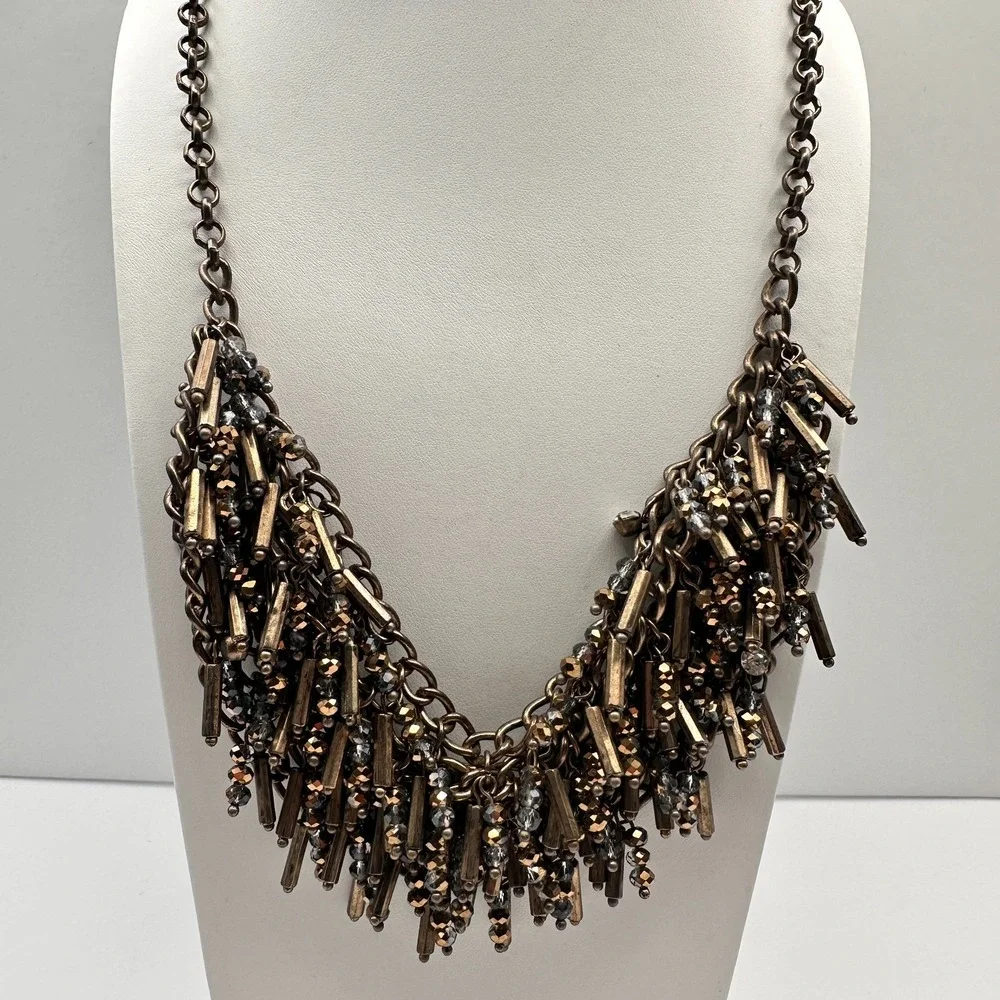 Vintage 90s Bronze Bib Necklace Glass Bead Tassel Fringe Statement Piece